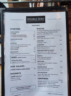The vegan menu at Double Zero Neapolitan Pizza  in Manchester