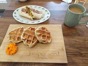 Waffles, breakfast burrito, and mushroom coffee #Veganuary at juniper seed in Cincinnati