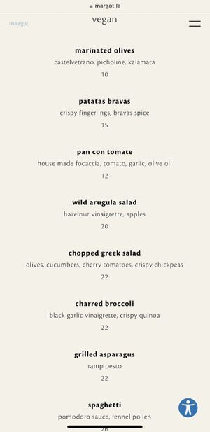 Vegan Menu  at Margot in Culver City