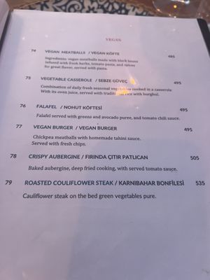 Vegan mains menu page  at Kalamaki Restaurant Kalkan in Kalkan