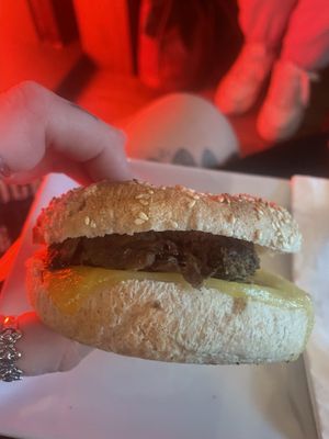 Vegan pulled mushroom and cheese bagel.  at 200 Degrees Coffee Shop in Barnsley
