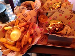 Falafel, loaded fries, and split gado gado kebab at Karma Kebab in Amsterdam