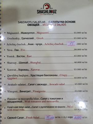 Menu at Afrosiyob in Samarkand