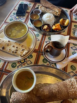 Dal and roti, thali platter, masala dosa platter   at Annapurna's World Vegetarian Cafe in Santa Fe