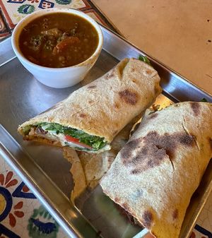 Falafel wrap, I added hummus, and soup of the day (lentil)  at Annapurna's World Vegetarian Cafe in Santa Fe