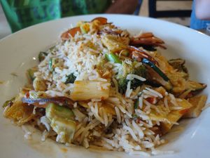 Delicious hodgepodge of rice, stirfry and tofu at Annapurna's World Vegetarian Cafe in Santa Fe
