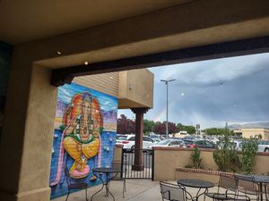 Outside. Check out the rainbow! at Annapurna's World Vegetarian Cafe in Santa Fe