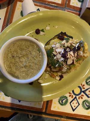Chef special: Broccoli & Almond soup and Acorn Squash  at Annapurna's World Vegetarian Cafe in Santa Fe