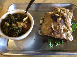 soup of the day (lentil and veggie) with ABLT on focaccia 😍  at Annapurna's World Vegetarian Cafe in Santa Fe