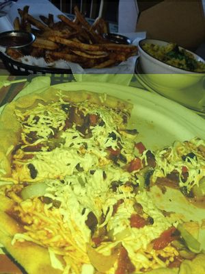 vegan pizza, Fries,  at Annapurna's World Vegetarian Cafe in Santa Fe