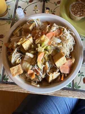 Stir fry bowl with tofu and rice noodles   at Annapurna's World Vegetarian Cafe in Santa Fe