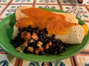Green Plate with dosa-style enchiladas at Annapurna's World Vegetarian Cafe in Santa Fe