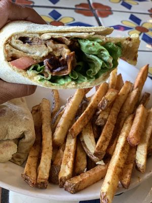 Lebanese wrap and masala fries.  at Annapurna's World Vegetarian Cafe in Santa Fe