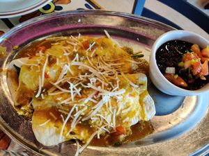 Vegan Dosa Enchiladas with black bean side at Annapurna's World Vegetarian Cafe in Santa Fe