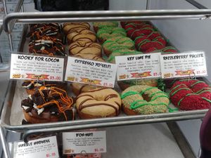 $3.00 Vegan Donut Tray: Kooky for Cocoa, Espresso Yo' Self, Key Lime Pie, Raspberry Puker (only vegan options on day we visited) at Psycho Donuts in Campbell