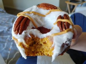 $3.00 Drunkin' Punkin': Vegan Cake Donut, so delicious, the icing was amazing it's vegan cream cheese with a maple drizzle. Definitely try this one! at Psycho Donuts in Campbell