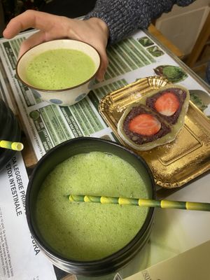 Matcha w/ oat milk + matcha base + strawberry mochia  at Moko's Matcha in Milan
