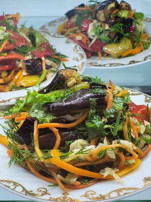 Prepared salad at Bobur Shashlik Cafe in Samarkand