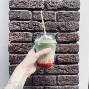 Strawberry iced matcha lattee  at Tea Stories in Amsterdam