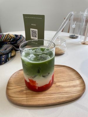 Strawberry puree, milk, matcha at Tea Stories in Amsterdam