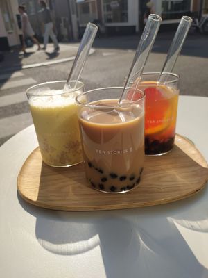 Mango And Grapefruit Sago,
Original Milk Tea with Tapioca Pearls,
Grapefruit Green Tea with Tapioca Pearls at Tea Stories in Amsterdam