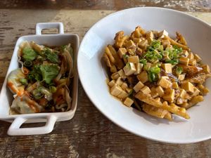 Spicy dumplings and mapo tofu on fries (so good!) at Broken Engrish in Studio City