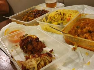 Onion bhaji, okra with onions, veg rice (not biryani) and channa masala. at Cafe Goa in Waterford