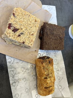Flapjack, Oreo brownie, and vegan sausage roll  at Grounds Cafe in Rugeley
