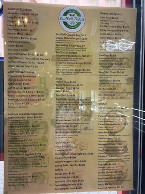 The menu  at SoulFull TrEats  in North Sydney