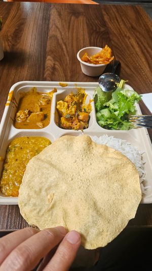 Really tasty food. Sweet, savoury and clean flavours. Mixed veg curry, vegan chicken and dhal. at SoulFull TrEats  in North Sydney