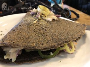 Special of the day (veganized)...tempeh, Daiya, mustard coleslaw, pickled jalapeños at Flint Crepe Company in Flint