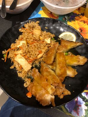 Lemon chicken with nasi goreng rice.  Delish!  at Vegie Bowl in Forest Hill