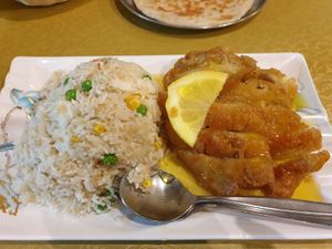 Lemon chikn w/fried rice $17.80 - lovely sauce, wish there was more of it at Vegie Bowl in Forest Hill
