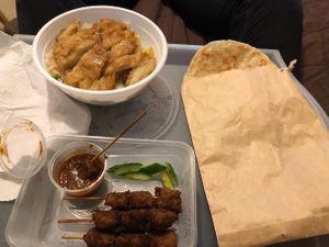 Lemon “chicken” w/ fried rice - no egg, satay skewers and roti  at Vegie Bowl in Forest Hill