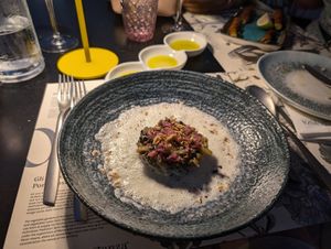 Roasted Eggplant Tartare in Cucumber Soy Yoghurt at PortoCostanza - Approdo del Gusto in Palermo