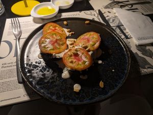 Roasted Aubergine in Carrot Cream and Peanut Sauce at PortoCostanza - Approdo del Gusto in Palermo