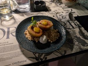 Roasted Peach with Short crust Crumble and a Coconut Cream at PortoCostanza - Approdo del Gusto in Palermo