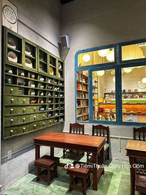 Decoration with Japanese ceramics outdoor seating  at Hoa Gom - Plant-Based Café & Vegan House in Da Nang