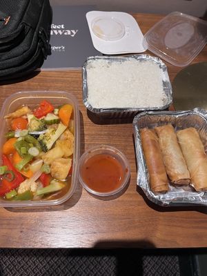 Vegetable spring rolls with sweet chilli sauce, sweet and sour tofu and vegetables and jasmine ricee  at Naa Kin in Wilmslow