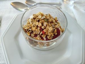 Cashew yogurt with granola and fruit at Brunch da Mari Marola in Rio De Janeiro