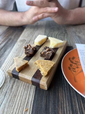 Pumpkin + sesame seed brittle; lemon/citrus candy (middle chocolate one was NOT vegan but was for my bf)   at Wren in Suttons Bay