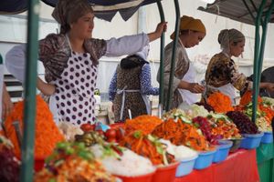 Bulk salads, takeaway in a plastic bag or your own container at Siyob Bozor in Samarkand