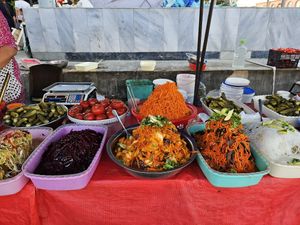 Salads and pickles at Siyob Bozor in Samarkand