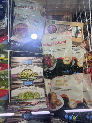 Freezer has vegan burgers etc next to the frozen vegetables.  at Macrocenter in Kas