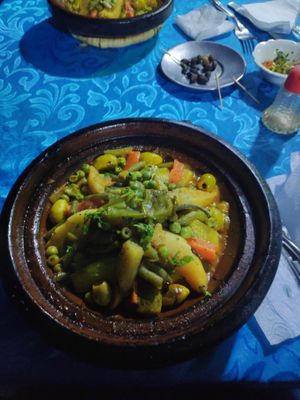 Vegetarian tajine (which is vegan) with beans, carrots, zucchini, potatoes, pears
Beware of the jalapeño its superhot for my european taste :) at Azilal - مقهى أزيلال in Marrakech