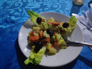 Alternative starter: because i don't linke tomatoes, green salad with zucchini, carrots, potatoes, olives at Azilal - مقهى أزيلال in Marrakech