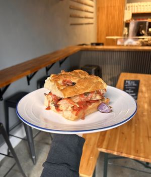 BANGERZ
homemade focaccia, vegan sausages, tomato sauce and veggies at Alterna in Birmingham