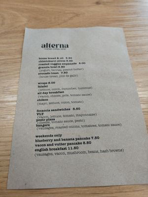 Menu at Alterna in Birmingham