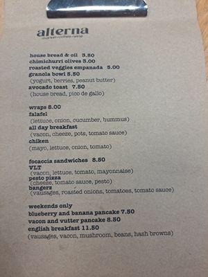 Menu at Alterna in Birmingham