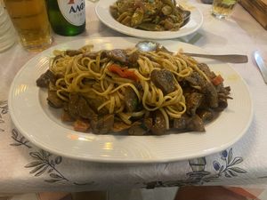 Greek pastas with mushrooms in wine saucee  at Throubi in Crete